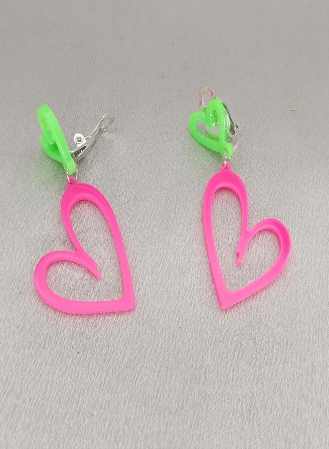Modpide 80s Neon Clip on Earrings for Women Double Hollow Heart Punk Retro Earrings 80s Outfit Accessories (Rose Red) - Image 5